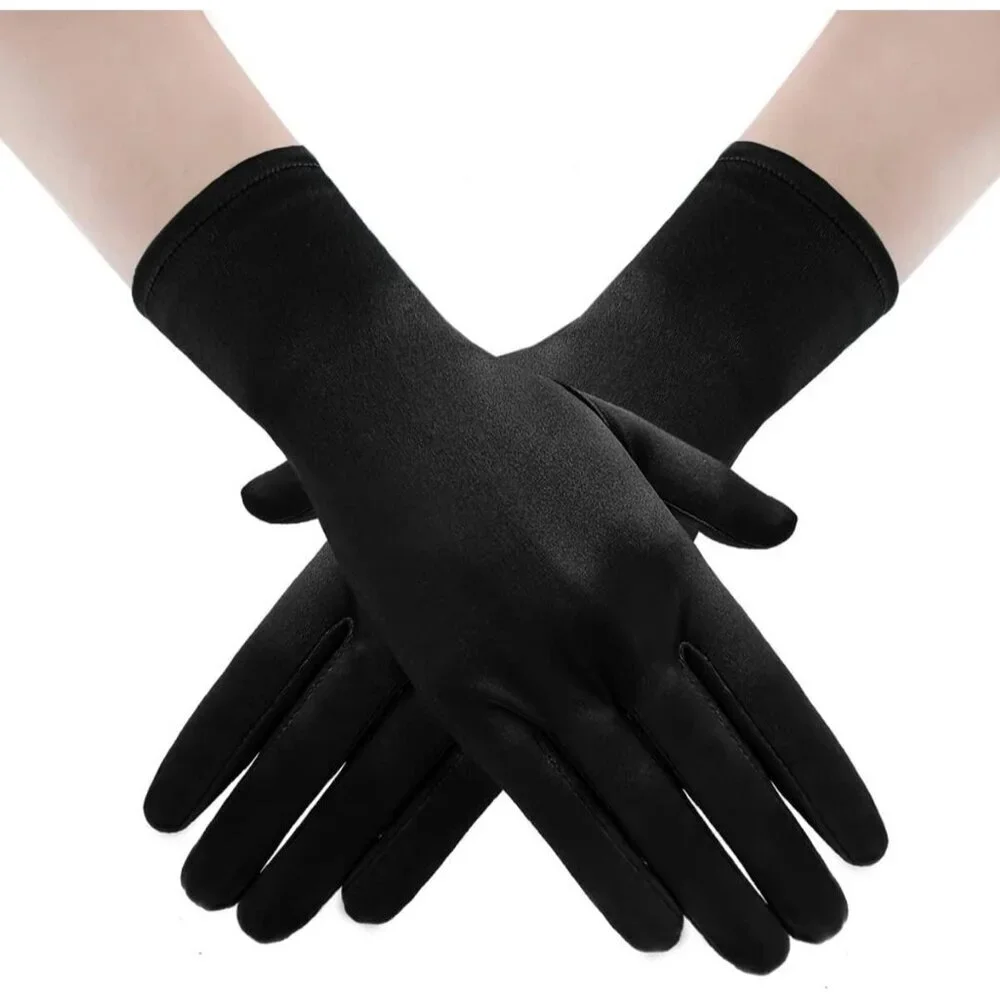 Women's Black Short Satin Gloves Stretchy Fabric Formal Wedding Party Tea Prom